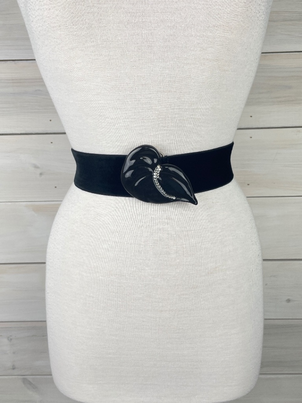 Vintage 1980s-90s Black Velvet Stretchy Belt with Ceramic Rhinestone Buckle